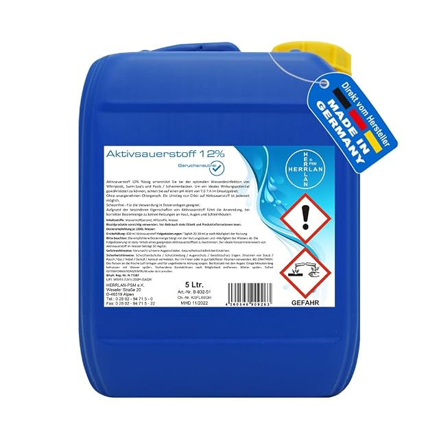 Oxygène actif stabilisé HERRLAN à 12 pour cent en bidon de cinq litres avec bouchon dégazeur