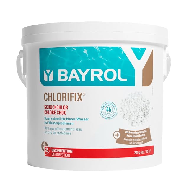 Granulé de chlore rapide Bayrol Chlorifix, conditionnement de cinq kilogrammes avec gobelet doseur