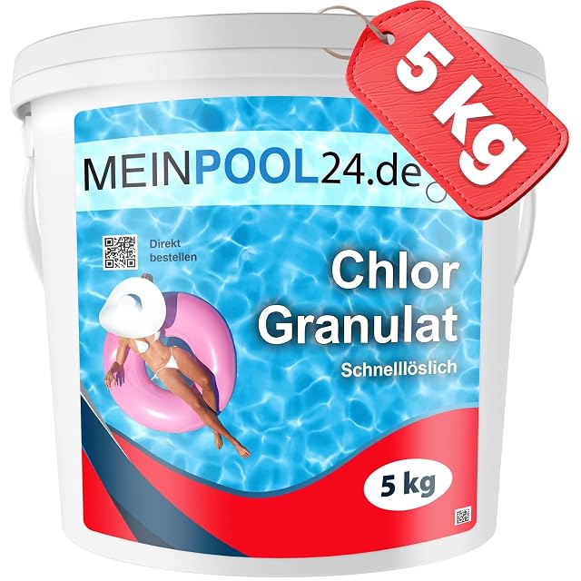 Granulé de chlore Meinpool24.de à 56 pour cent de chlore actif en conditionnement de cinq kilogrammes