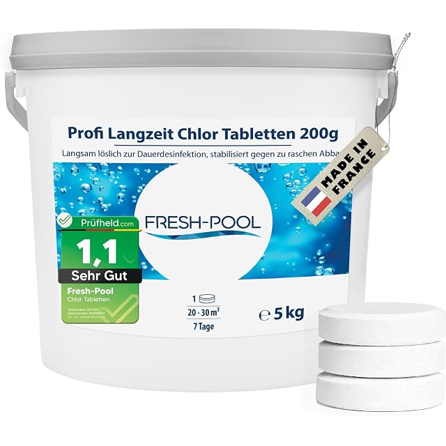 Pastilles de chlore longue durée Fresh-Pool de deux cents grammes, scellées individuellement, en paquet de cinq kilogrammes