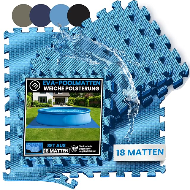 Dalles de sol de bassin EVA emboîtables BeMaxx bleues, de trente-deux centimètres de côté et d’un centimètre d’épaisseur, avec pièces de bordure