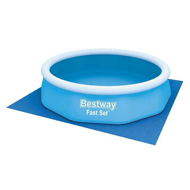 Bâche de sol carrée en polyéthylène Bestway bleue, de trois cent trente-cinq centimètres de côté, étalée à plat