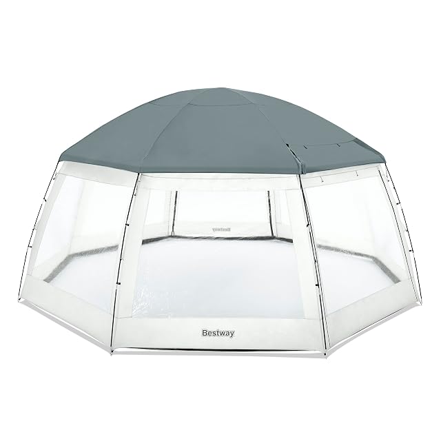 Pavillon de piscine Bestway de 600 sur 295 cm, avec huit fenêtres transparentes et deux entrées, au-dessus d’un grand bassin rond