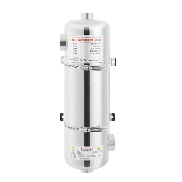 Échangeur de chaleur de piscine SUONTY en acier inoxydable de 13 sur 48 cm, avec orifices d’entrée et de sortie opposés