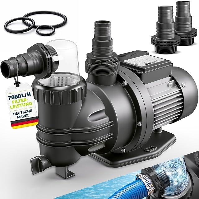 Pompe de filtration de piscine tillvex, avec son couvercle de préfiltre transparent qui laisse voir le panier-crépine