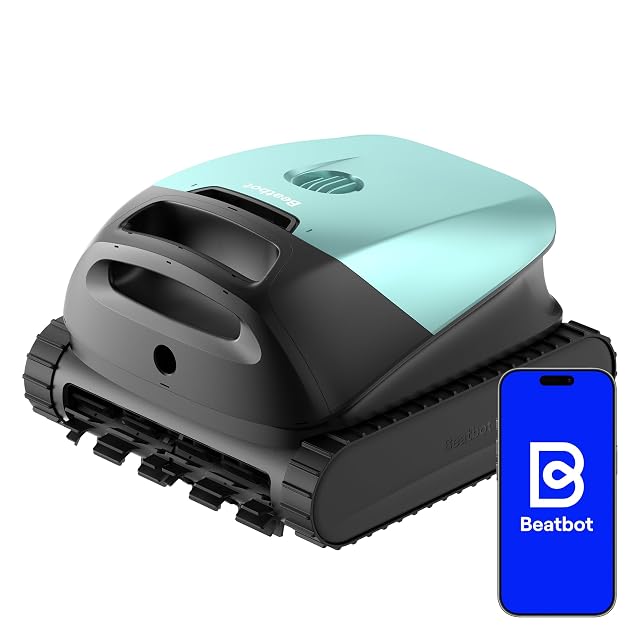Robot de piscine Beatbot Sora 10 vert menthe, en train de nettoyer la ligne d’eau d’un bassin
