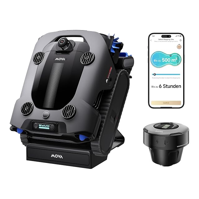 Robot de piscine MOVA Rover X10 à cartographie laser, en train de monter les marches d’un bassin