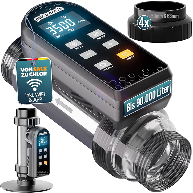 Électrolyseur poolomio LCA200 avec son corps de cellule en titane et son panneau commandé par application, dans un local technique de bassin