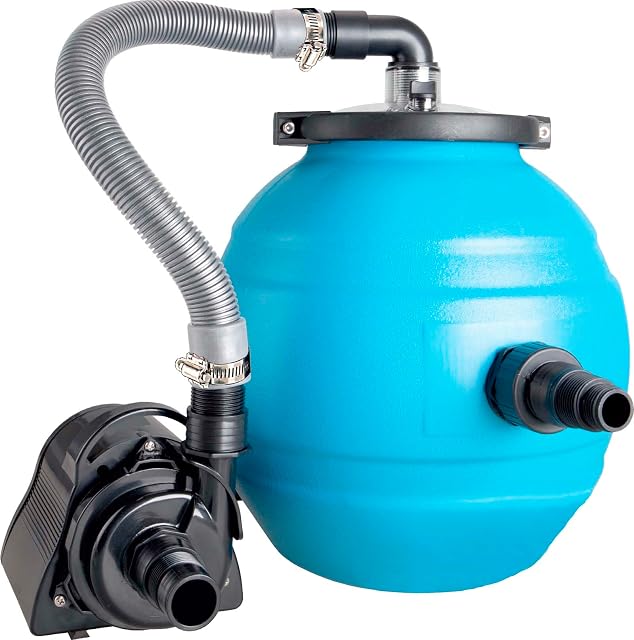 Groupe de filtration à sable Mauk de 16 litres, au couvercle transparent qui laisse voir les balles filtrantes à l’intérieur