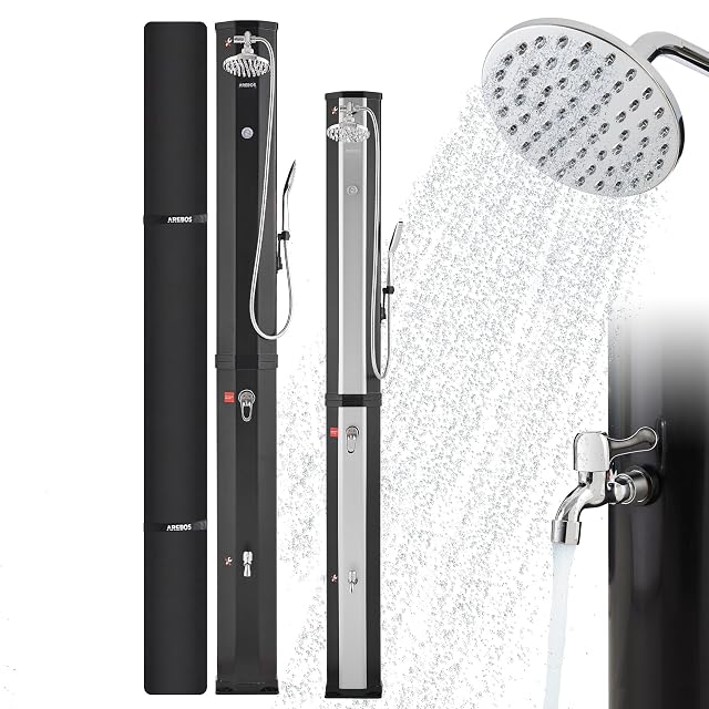 Douche solaire Arebos noire de 60 litres, avec mitigeur sur le corps