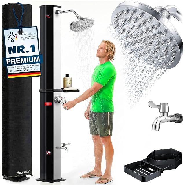 Douche solaire KESSER de 60 litres, haute de 225 centimètres, avec mitigeur chromé et pomme de pluie