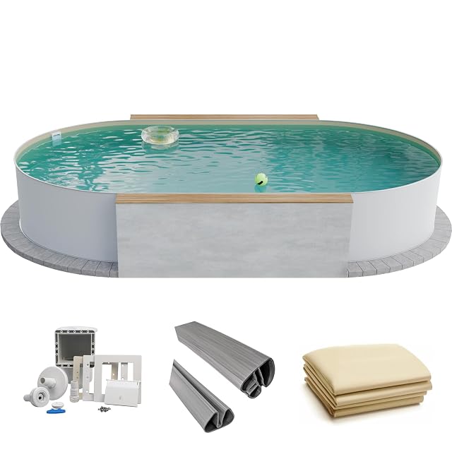 Grand bassin ovale Fresh-Pool à paroi d’acier blanche de 525 sur 320 centimètres, avec liner couleur sable