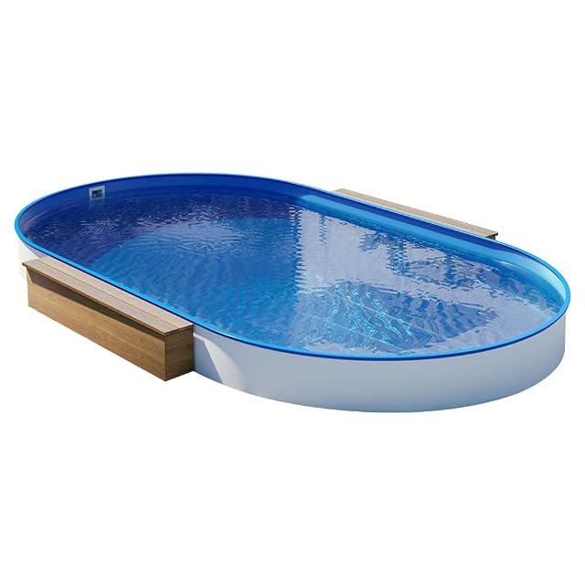 Bassin ovale à paroi d’acier POOL Total de 4,50 sur 2,50 mètres, avec main courante plastique et liner bleu