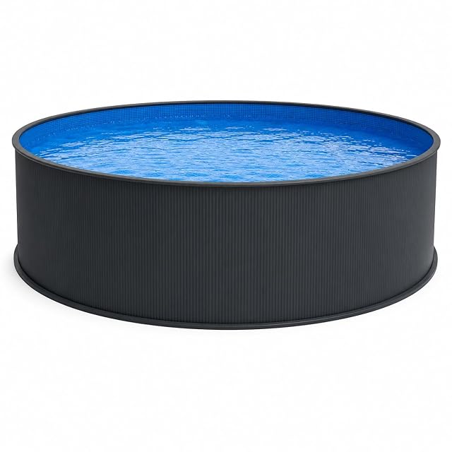 Grand bassin à paroi d’acier anthracite poolomio de 550 cm de diamètre et 120 cm de profondeur, avec liner bleu suspendu