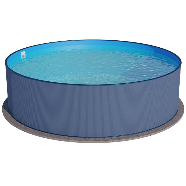 Bassin à paroi d’acier ondulé anthracite de 300 cm de diamètre et 120 cm de profondeur, avec liner bleu posé à jonc