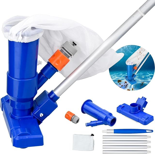 Tête d’aspirateur de piscine Julyee avec sac à débris à mailles et manche en aluminium à cinq sections emboîtables
